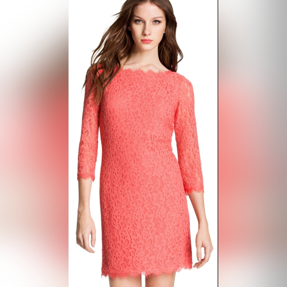 Diane Von Furstenberg Coral Zarita Floral Lace 3/4 Sleeve Dress Size 10